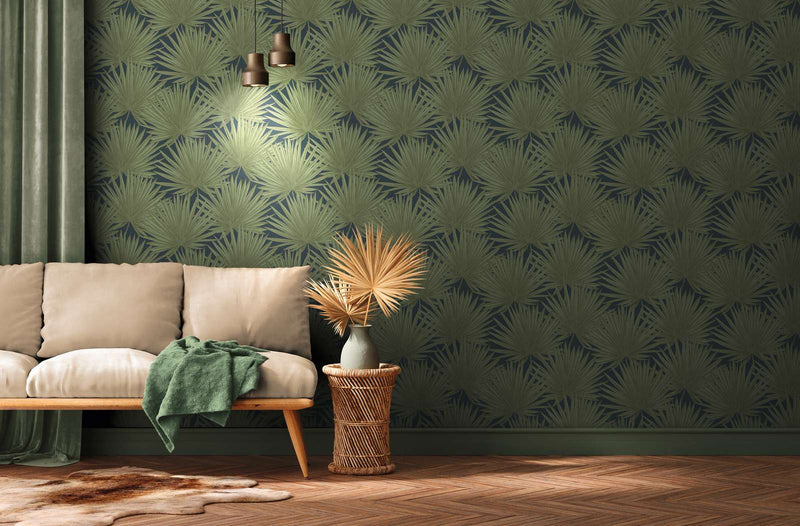 Wallpaper with palm leaves on green background, 1373371 AS Creation