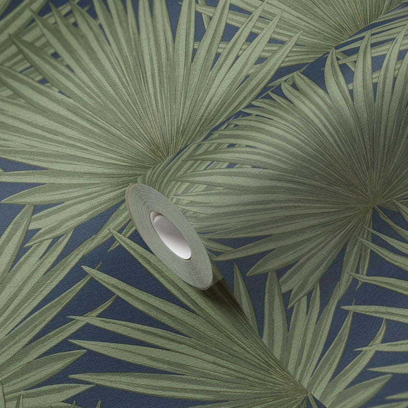 Wallpaper with palm leaves on green background, 1373371 AS Creation