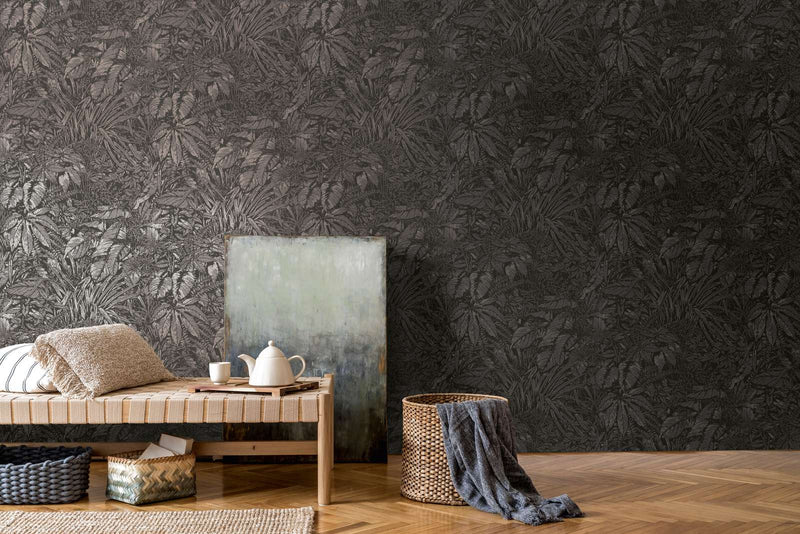 Wallpaper with palm leaf pattern in black, 1404526 AS Creation