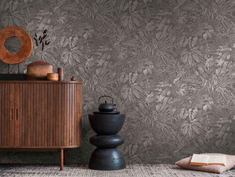 Wallpaper with palm leaf pattern in dark shades, 1404527 AS Creation