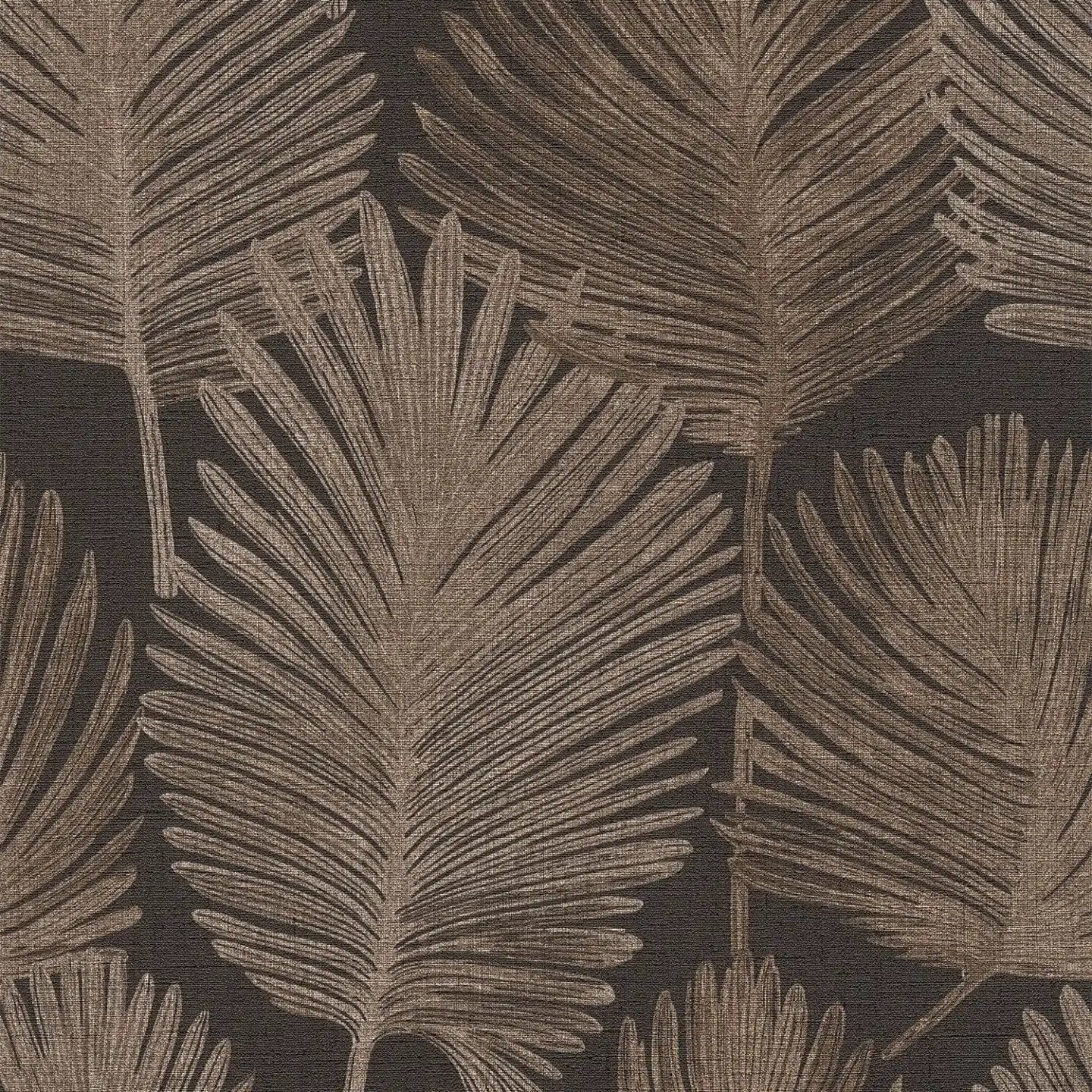 Tapetes ar palmu lapu rakstu un smalku tekstūru - melnā, zeltā, 786736 AS Creation