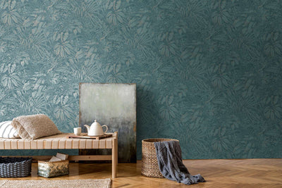 Wallpaper with palm leaf pattern in blue, 1404523 AS Creation