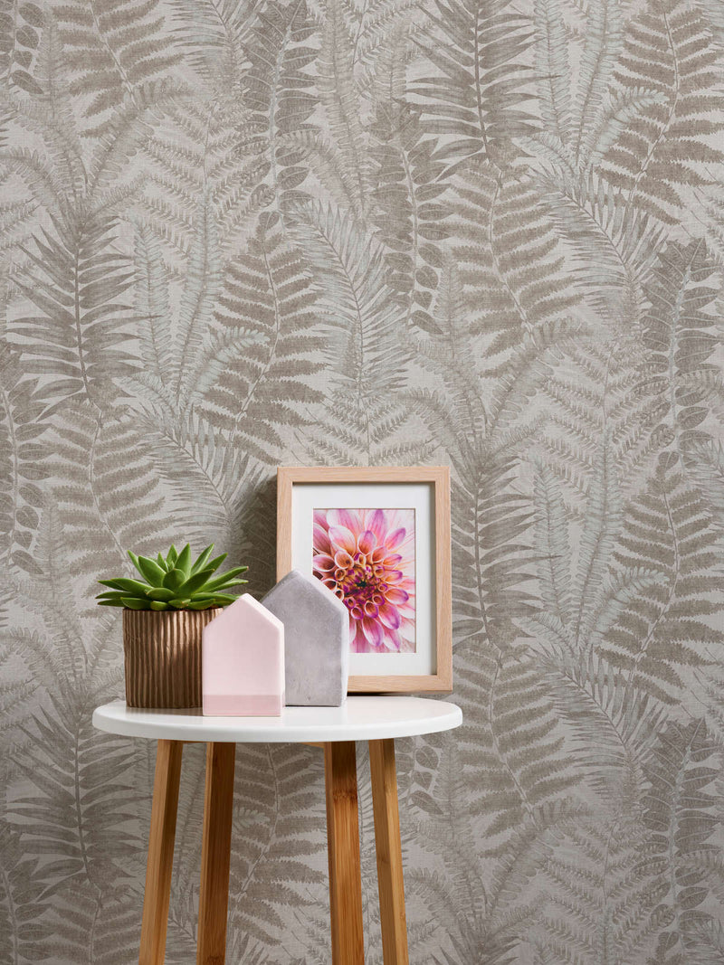 Wallpaper with fern leaves, matt: beige, taupe, cream, 1400403 AS Creation