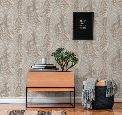 Wallpaper with fern leaves, matt: beige, taupe, cream, 1400403 AS Creation