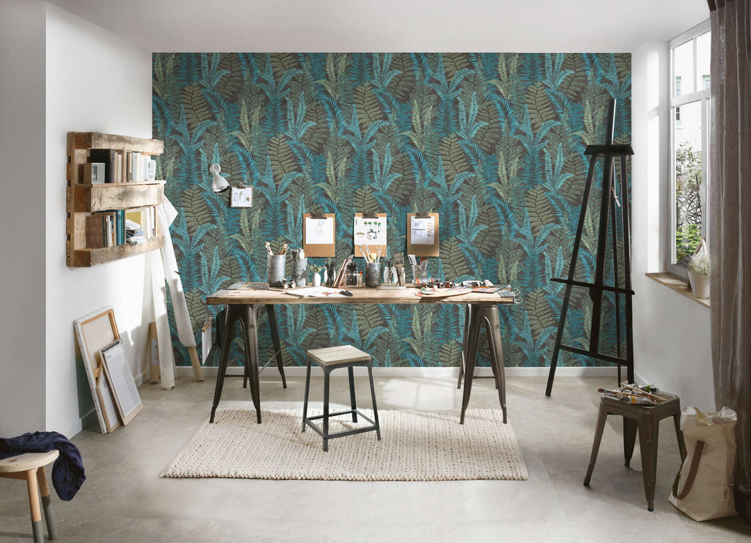 Tapetes ar papardes lapām, matētas: tirkīza, zaļa, zila, 393473 AS Creation