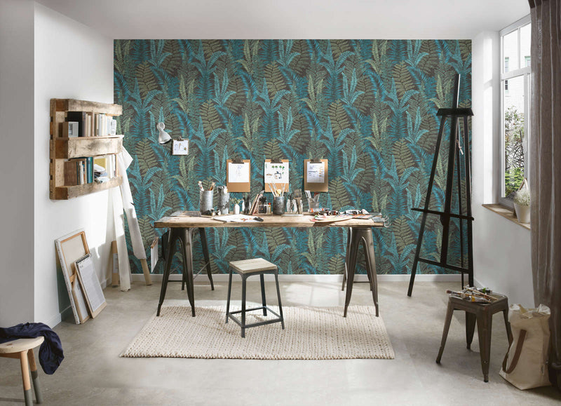 Wallpaper with fern leaves, matt: turquoise, green, blue, 1400401 AS Creation