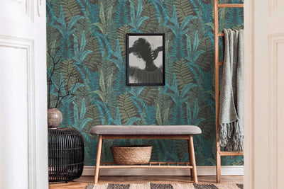 Wallpaper with fern leaves, matt: turquoise, green, blue, 1400401 AS Creation