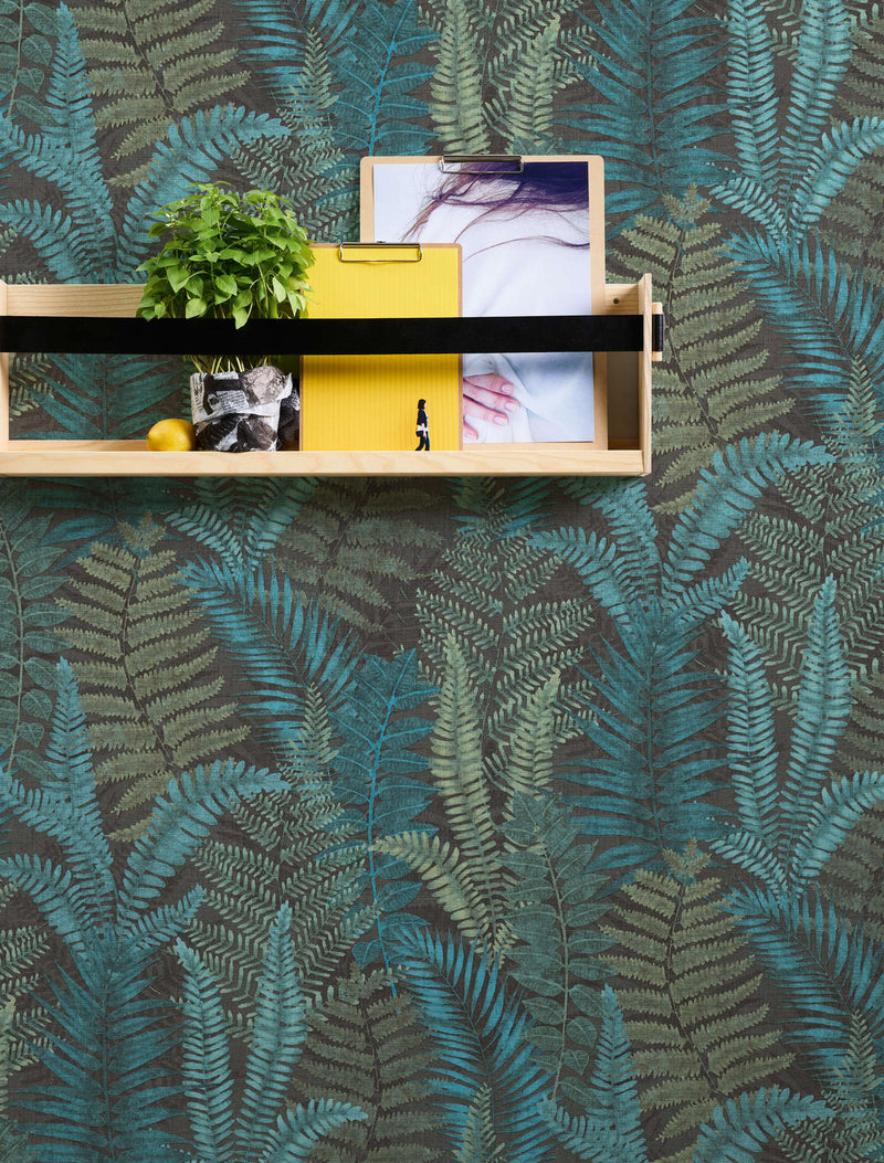 Wallpaper with fern leaves, matt: turquoise, green, blue, 1400401 AS Creation