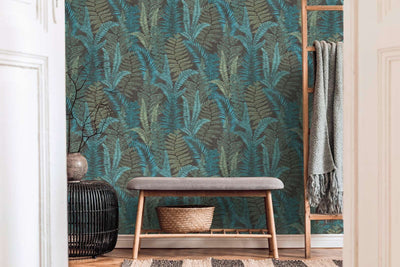 Wallpaper with fern leaves, matt: turquoise, green, blue, 1400401 AS Creation