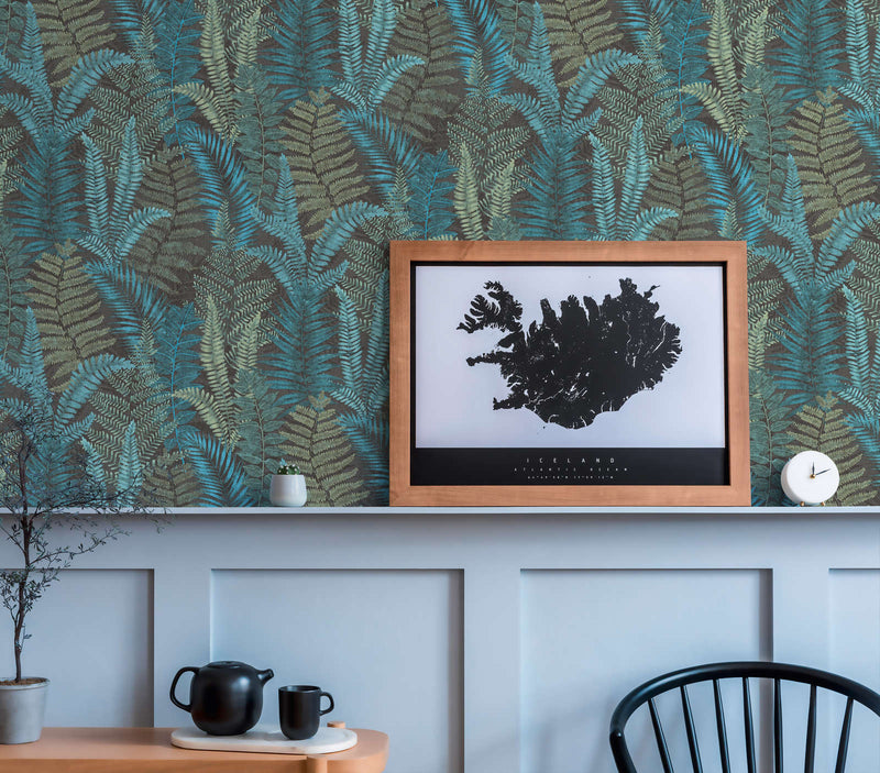 Wallpaper with fern leaves, matt: turquoise, green, blue, 1400401 AS Creation