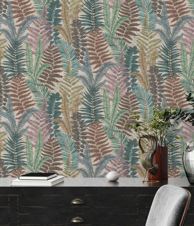 Wallpaper with fern leaves, lightly textured, matt - multicoloured, 1400377 AS Creation