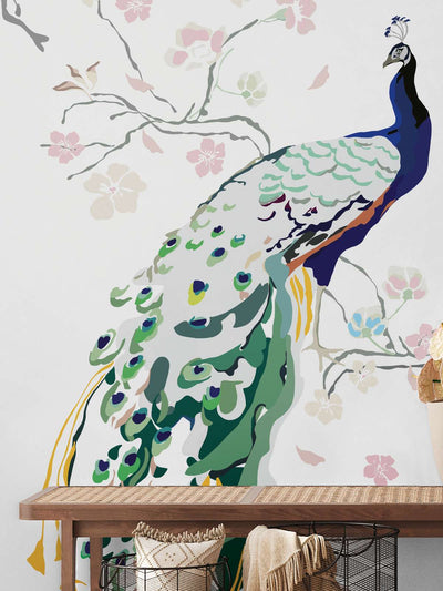 Wallpaper with peacock and flowers on white background, 1367743, 1.59 m x 2.80 m (pattern) AS Creation