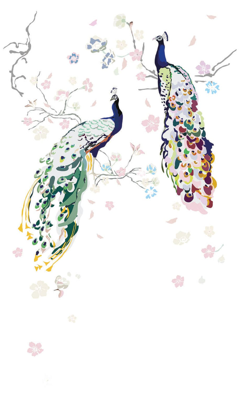 Wallpaper with peacock and flowers on white background, 1367743, 1.59 m x 2.80 m (pattern) AS Creation