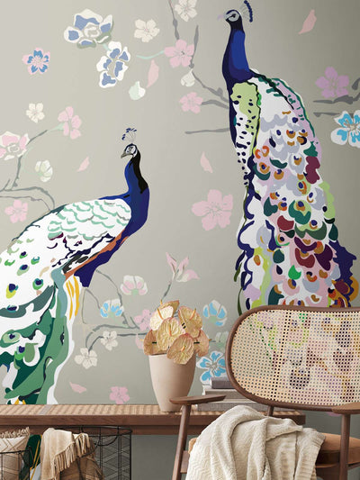 Wallpaper with peacock and flowers on grey background, 1367744, 1.59 m x 2.80 m (pattern) AS Creation