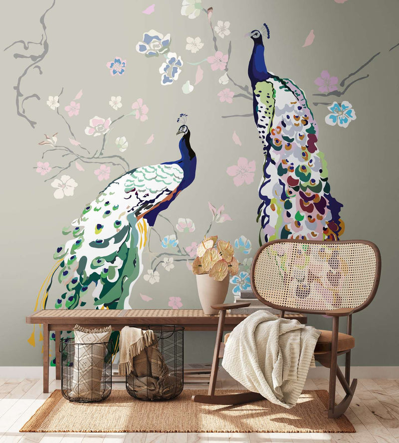 Wallpaper with peacock and flowers on grey background, 1367744, 1.59 m x 2.80 m (pattern) AS Creation