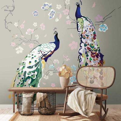 Wallpaper with peacock and flowers on grey background, 1367744, 1.59 m x 2.80 m (pattern) AS Creation