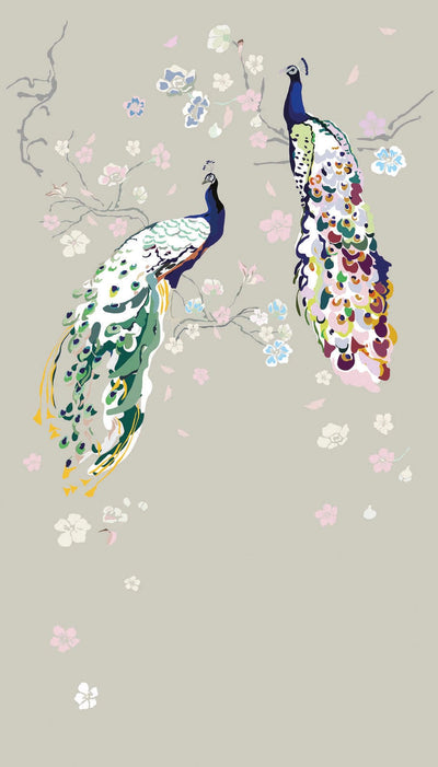 Wallpaper with peacock and flowers on grey background, 1367744, 1.59 m x 2.80 m (pattern) AS Creation