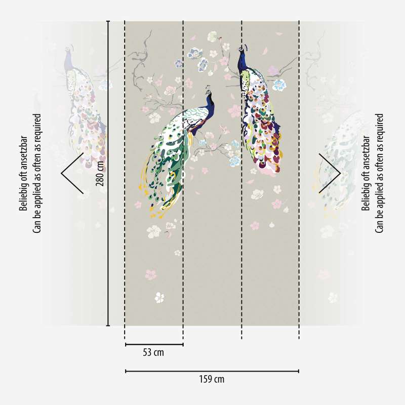 Tapetes ar pāvu un ziediem uz pelēka fona, 389092, 1.59 m x 2.80 m (raksts) AS Creation