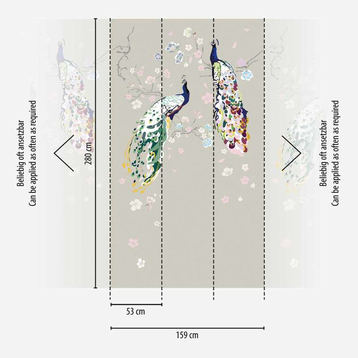 Tapetes ar pāvu un ziediem uz pelēka fona, 389092, 1.59 m x 2.80 m (raksts) AS Creation