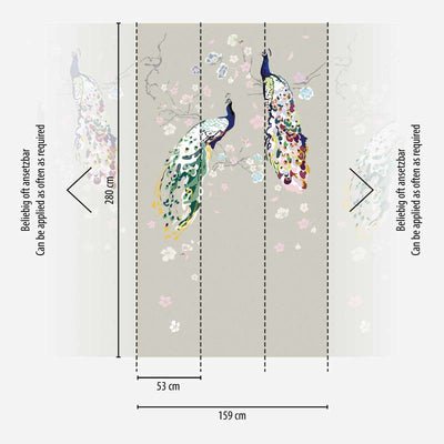 Taustapilt paabulinnu ja lilledega hallil taustal, 1367744, 1,59 m x 2,80 m (muster) AS Creation