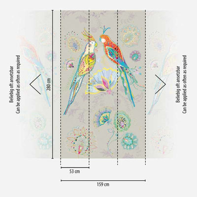 Lindude ja lillede motiiviga tapeet halli taustaga, 1367770, 1,59 m x 2,80 m (muster) AS Creation