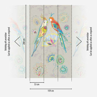 Tapetti, jossa lintuaihe ja kukkia harmaalla pohjalla, 1367770, 1,59 m x 2,80 m (kuvio) AS Creation
