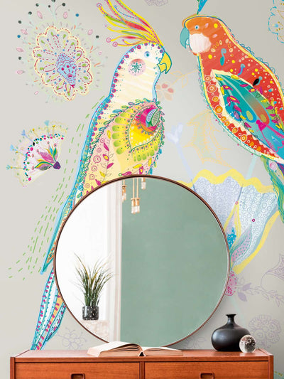 Обои с изображением птиц и цветов на сером фоне, 1367770, 1,59 м x 2,80 м (Рисунок) AS Creation