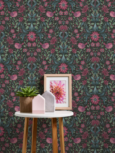 Wallpaper with playful flowers with bird pattern, 1373137 AS Creation