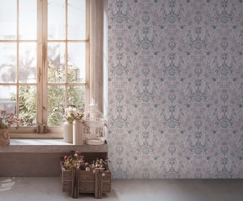 Wallpaper with playful flowers with bird pattern: pink, grey - 1373140 AS Creation