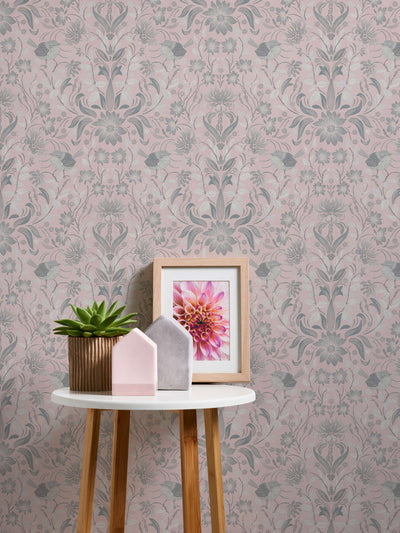 Wallpaper with playful flowers with bird pattern: pink, grey - 1373140 AS Creation