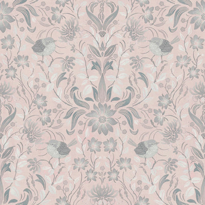 Wallpaper with playful flowers with bird pattern: pink, grey - 1373140 AS Creation