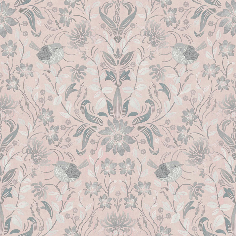 Wallpaper with playful flowers with bird pattern: pink, grey - 1373140 AS Creation