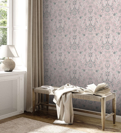 Wallpaper with playful flowers with bird pattern: pink, grey - 1373140 AS Creation