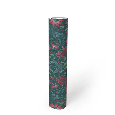 Tapetes ar rotaļīgu ziedu ar putnu rakstu: rozā, tumši zaļā - 1373142 AS Creation