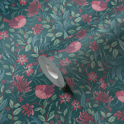 Wallpaper with a playful bird-patterned flower: pink, dark green - 1373142 AS Creation