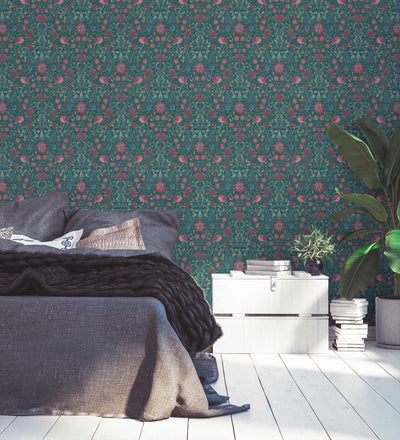 Wallpaper with a playful bird-patterned flower: pink, dark green - 1373142 AS Creation