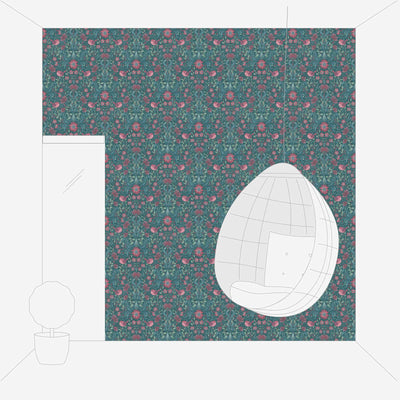 Wallpaper with a playful bird-patterned flower: pink, dark green - 1373142 AS Creation