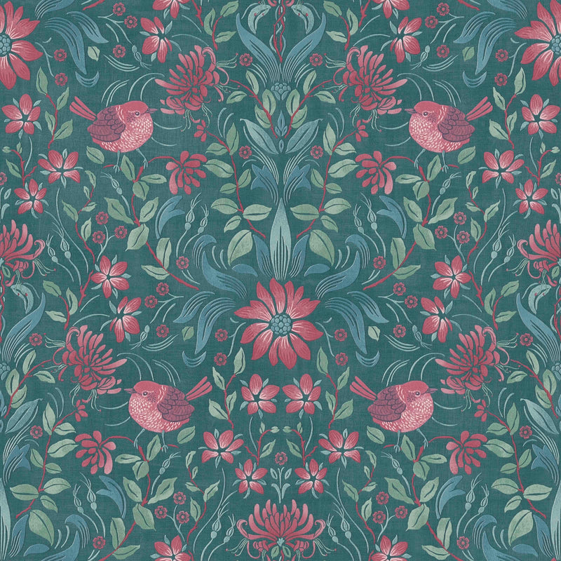 Wallpaper with a playful bird-patterned flower: pink, dark green - 1373142 AS Creation