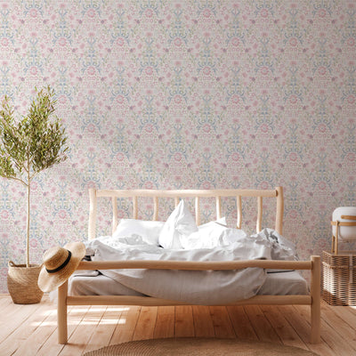 Wallpaper with playful bird-patterned flowers: pink, blue, green - 1373141 AS Creation