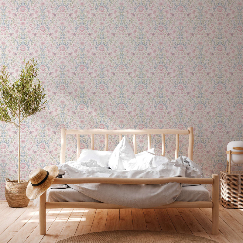 Wallpaper with playful bird-patterned flowers: pink, blue, green - 1373141 AS Creation