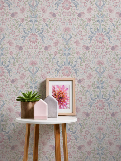 Wallpaper with playful bird-patterned flowers: pink, blue, green - 1373141 AS Creation