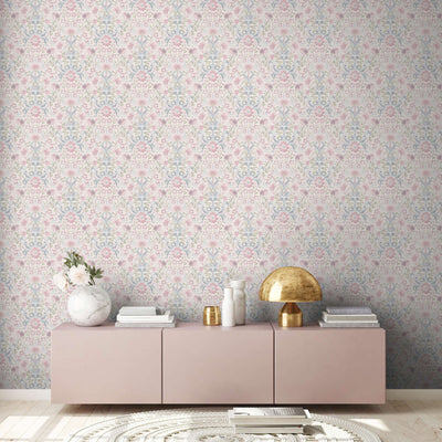 Wallpaper with playful bird-patterned flowers: pink, blue, green - 1373141 AS Creation