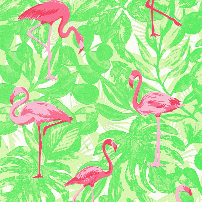 Tapetes ar rozā flamingo uz zaļam lapām 359802 AS Creation