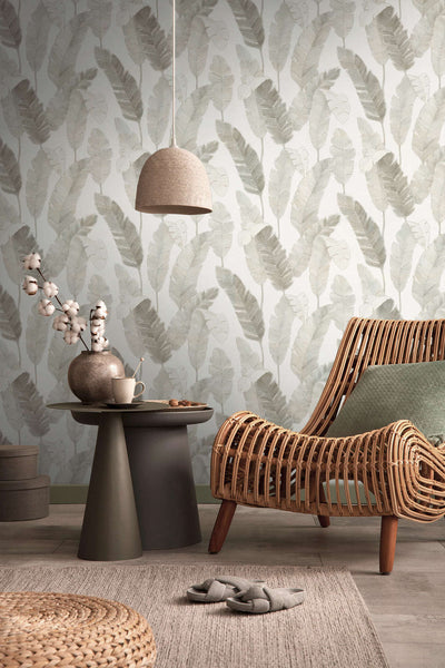 Wallpaper with delicate palm leaves - beige and warm grey, 1375771 AS Creation