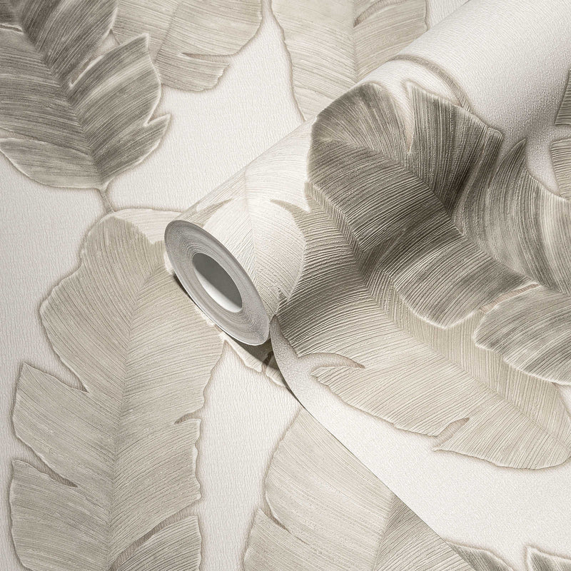 Wallpaper with delicate palm leaves - beige and warm grey, 1375771 AS Creation