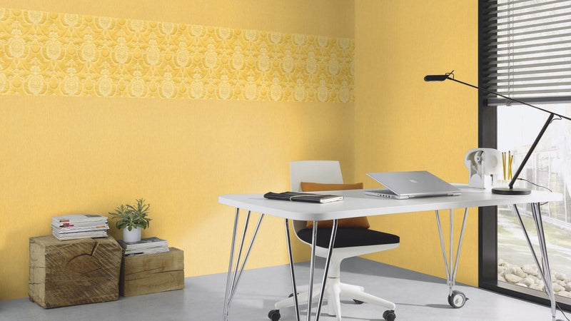 Wallpaper with fine embroidery and baroque ornament, yellow, RASCH, 2132737 RASCH