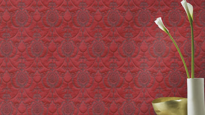 Wallpaper with fine embroidery and baroque ornament, red, RASCH, 2132755 RASCH