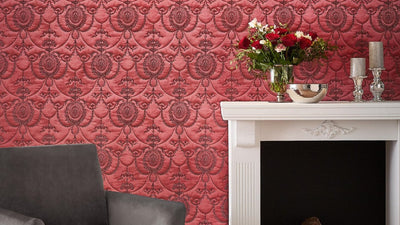 Wallpaper with fine embroidery and baroque ornament, red, RASCH, 2132755 RASCH