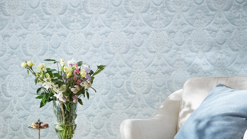 Wallpaper with delicate embroidery and baroque ornament, blue, RASCH, 2132716 RASCH