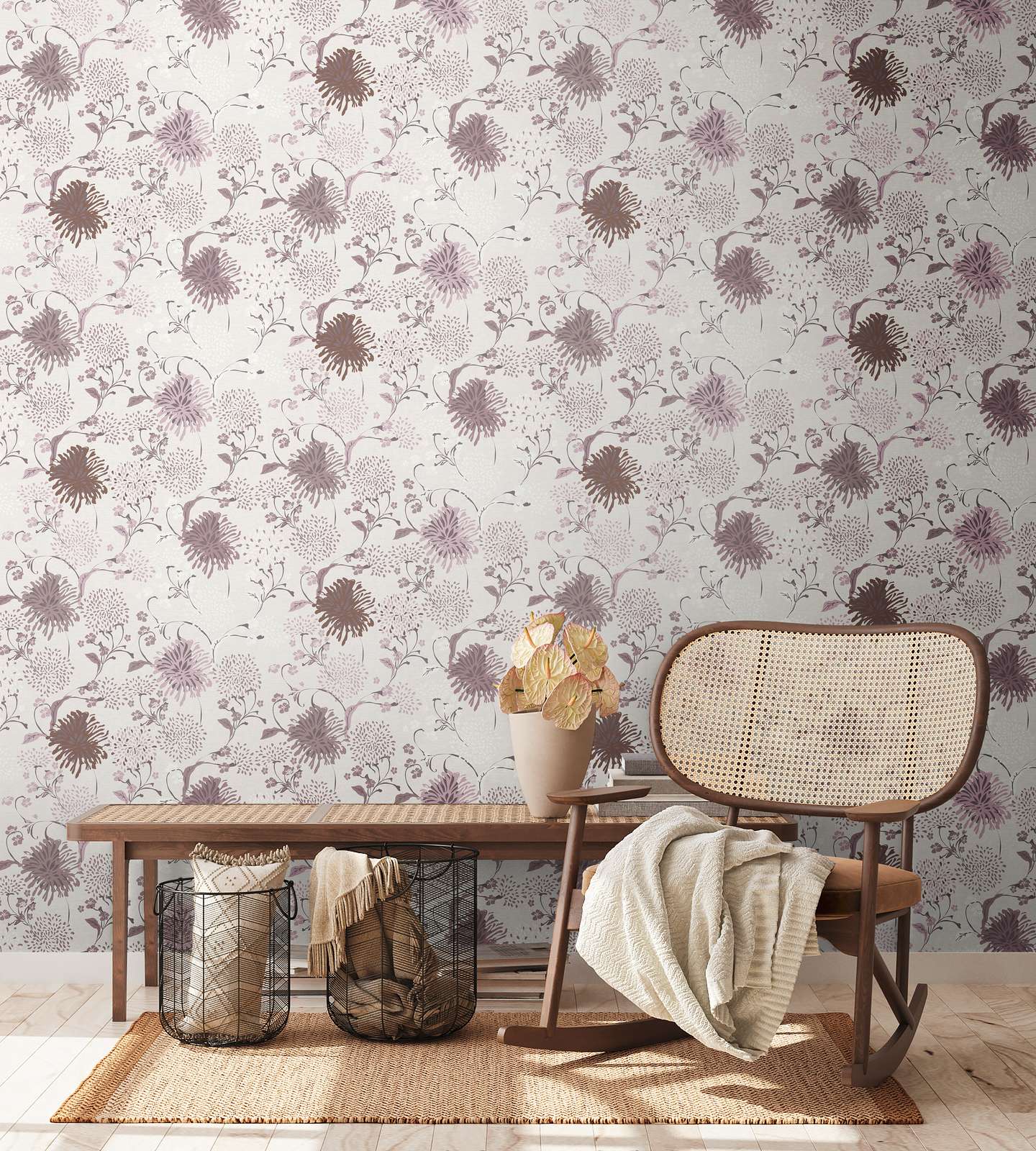 Tapetes ar stilizētiem ziediem: krēmkrāsā un rozā, 389001 AS Creation